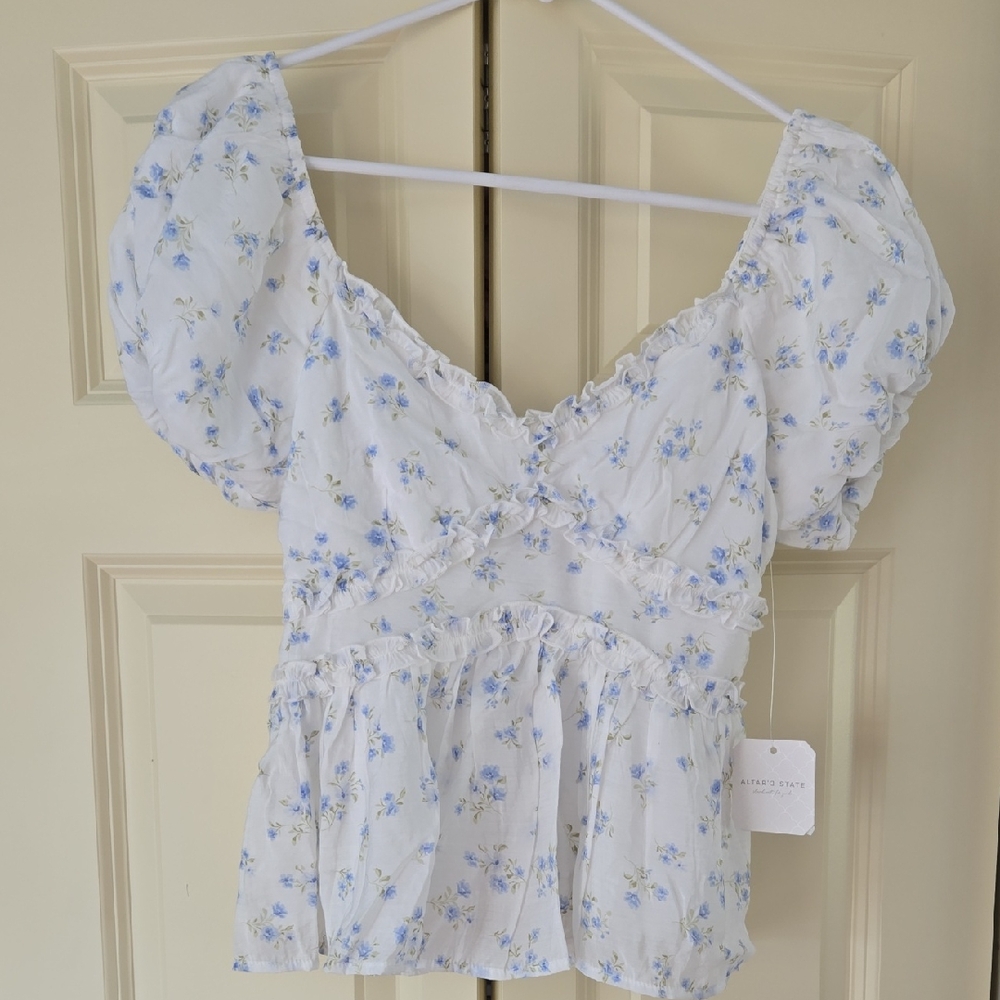Altar'd State Blue and White Floral Blouse